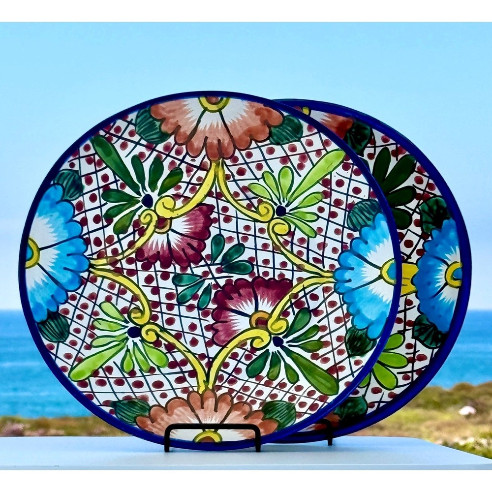 Talavera La Maceta Dinner Plates Mexican Ceramic 12in Multi Floral Boho 2pc Set